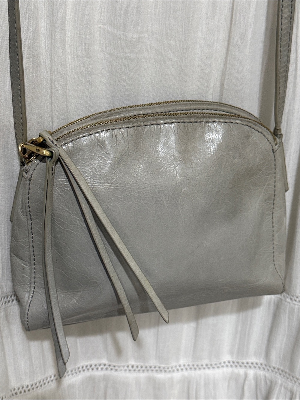 Hobo Light Gray Leather Crossbody Bag  Minimalist Everyday double zipper pockets